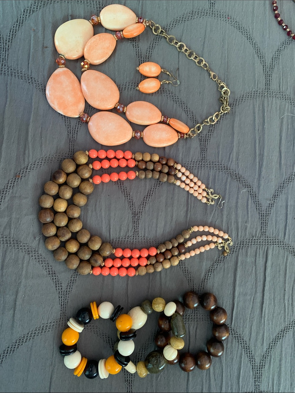 R.J. Graziano Peach and Brown Multi-Strand Beaded necklace 2nd set +bracelets